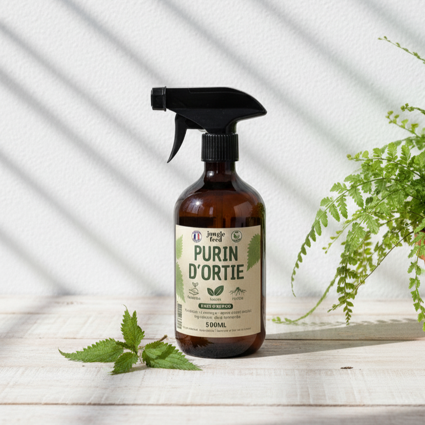 Une bouteille de "Jungle Feed Purin d'Ortie" posée sur une table en bois clair, à côté d'une feuille d'ortie fraîche et d'une petite plante en pot en arrière-plan. La scène est éclairée par des ombres de persiennes.