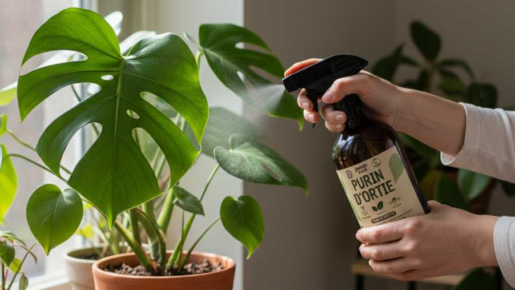 Une photo en gros plan d'une femme pulvérisant une grande plante d'intérieur de type Monstera. Elle utilise une bouteille en verre brun foncé avec une étiquette sur laquelle on peut lire "PURIN D'ORTIE". La plante est près d'une fenêtre et une autre plante plus petite est visible sur le rebord.