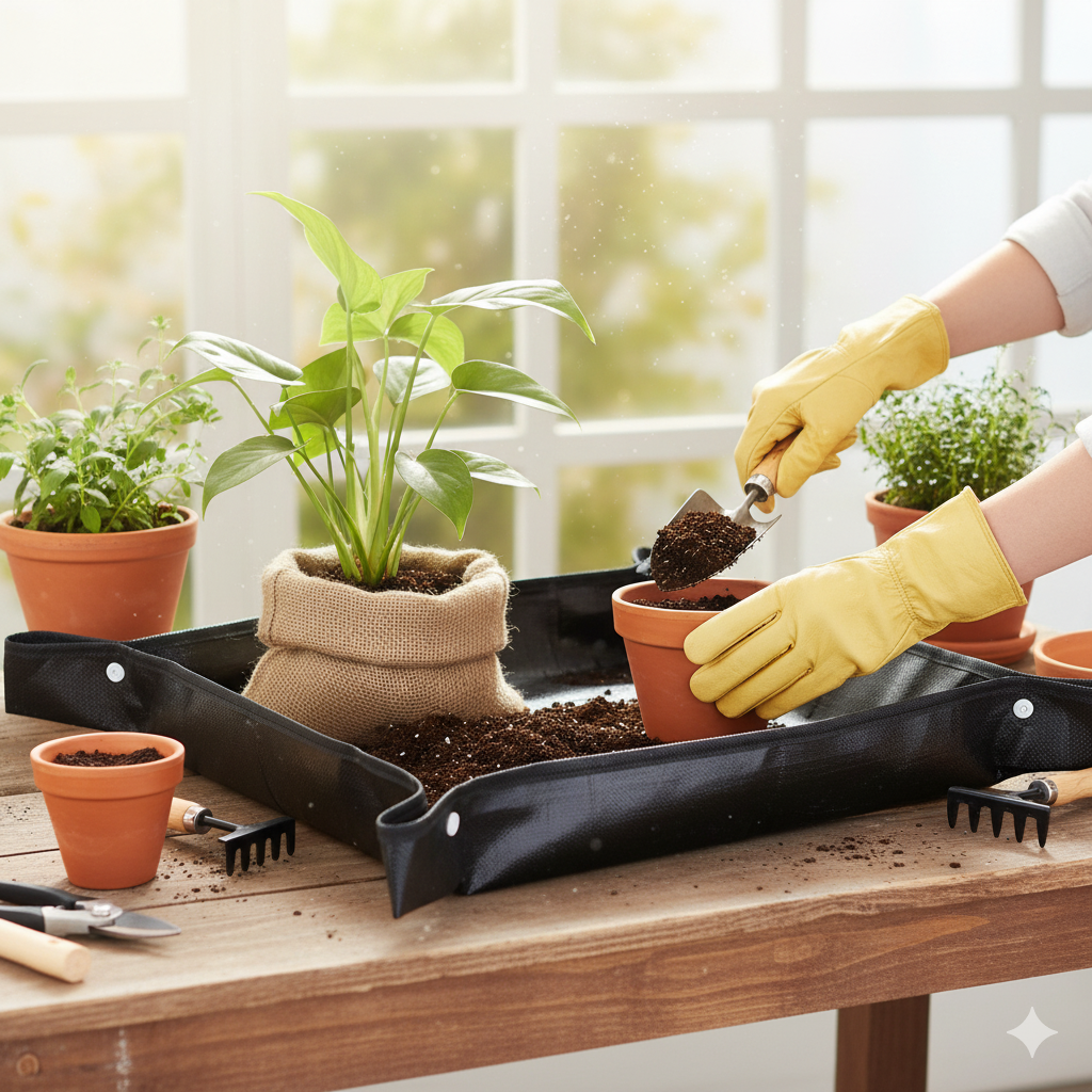 Gros plan sur les mains gantées de jaune d'une personne rempotant une plante verte dans un pot en terre cuite. La scène se déroule sur une table en bois et sur un tapis de rempotage noir, avec d'autres plantes et outils de jardinage à proximité.