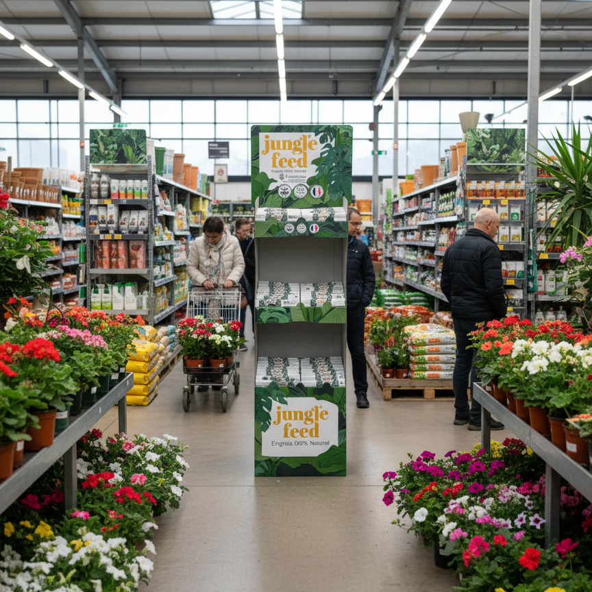 plv jungle feed dans une jardinerie 