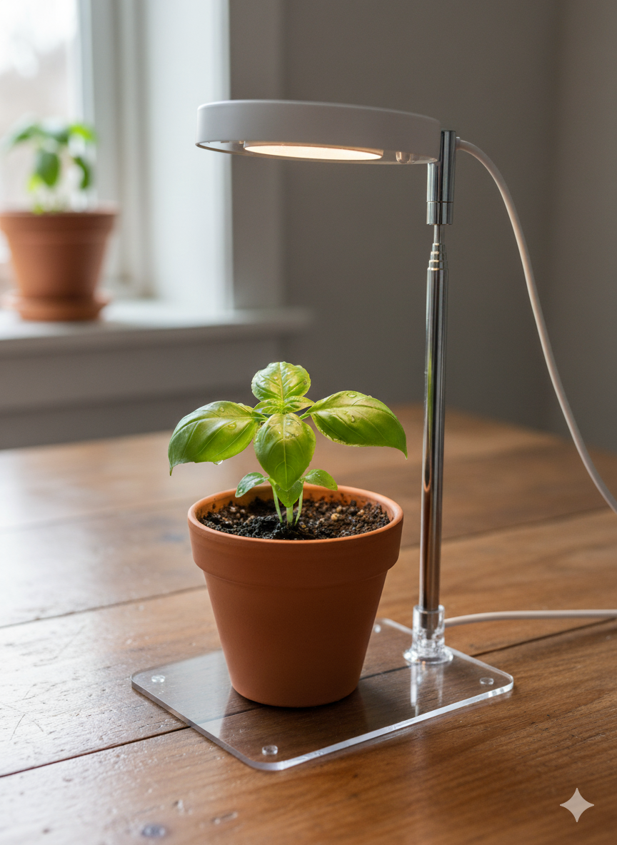 Lampe de croissance LED compacte éclairant un jeune plant de basilic en pot sur une table en bois, avec une fenêtre en arrière-plan. Idéal pour la culture de plantes d'intérieur et d'herbes aromatiques.