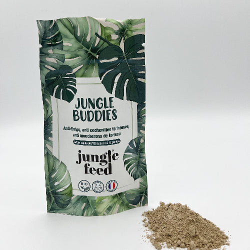 Produit Jungle Buddies de la marque Jungle Feed, une solution anti-nuisibles naturelle pour les plantes, présenté sur un fond épuré