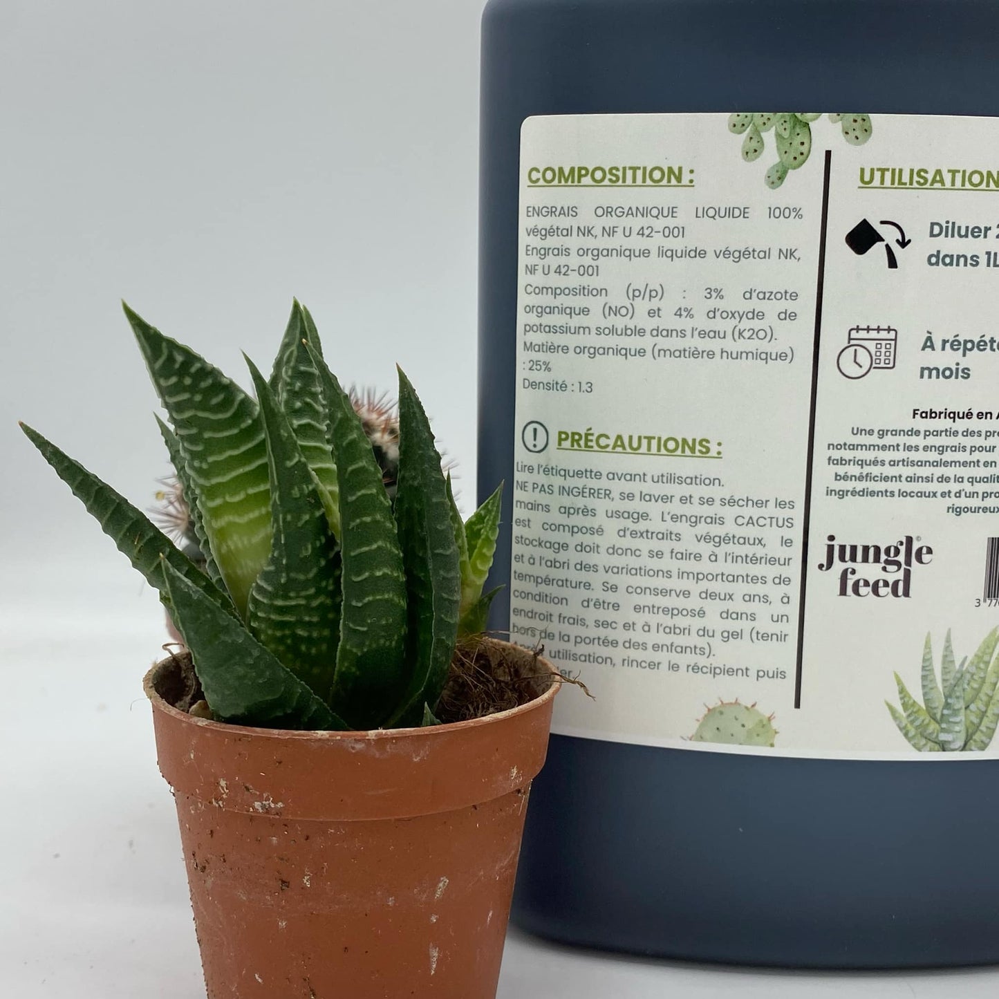 Produit biologique pour le soin des plantes d'intérieur : une bouteille d'engrais pour cactus, idéal pour les plantes nécessitant peu d'eau.