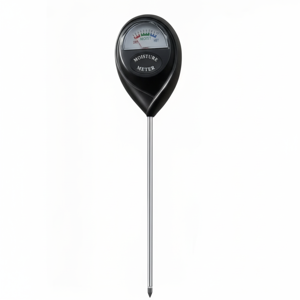 Sonde d'humidité pour plantes, de couleur noire avec un cadran affichant 'Dry', 'Moist' et 'Wet', sur un fond blanc pour un rendu studio. La tige est métallique.