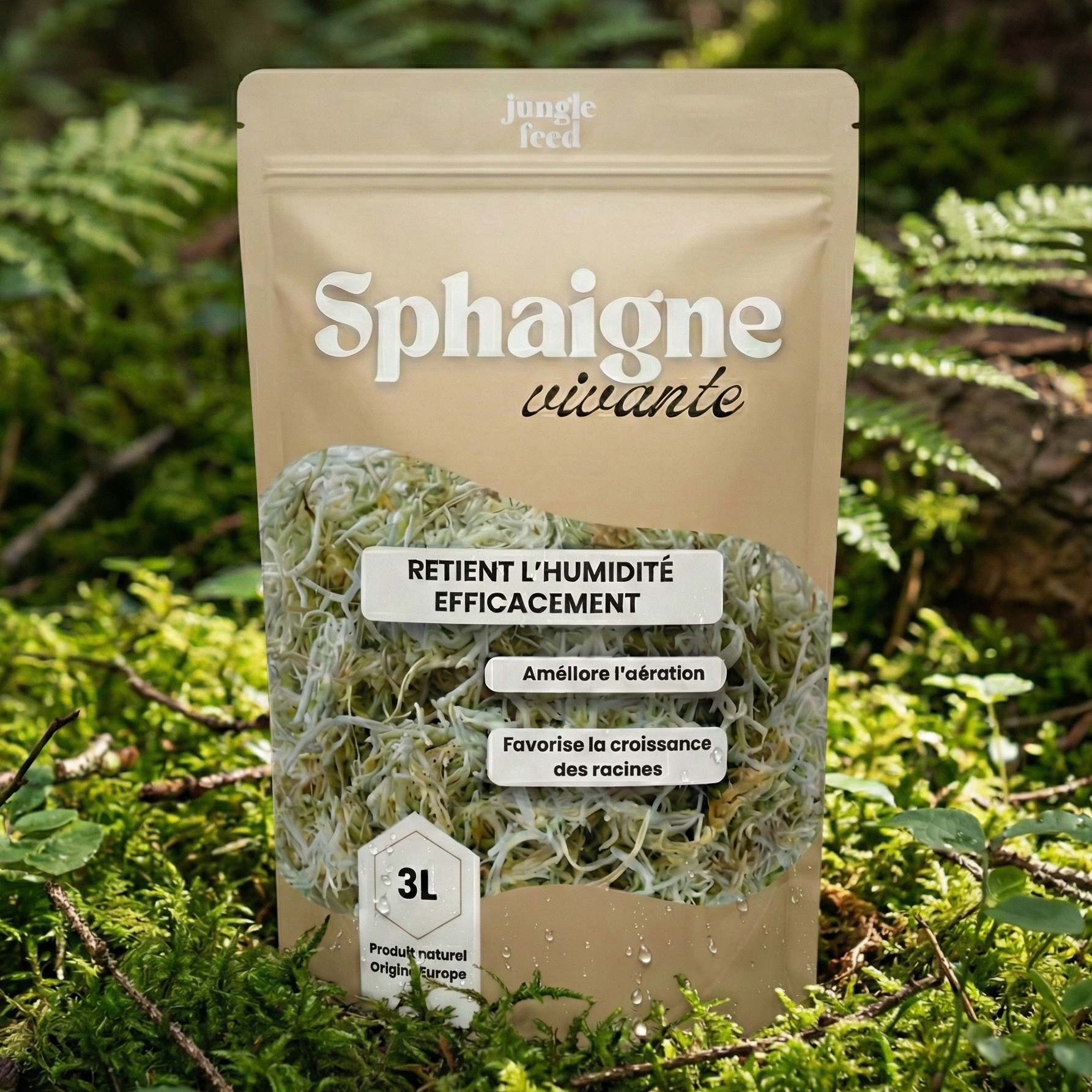 packaging jungle feed sphaigne vivante 3L  dans une foret avec de la mousse sur le sol 