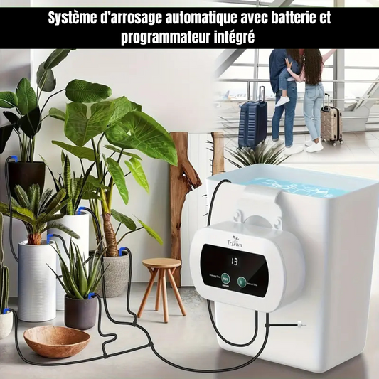 Un système d'arrosage automatique pour plantes d'intérieur de la marque Triewa, montré en fonctionnement, avec un couple en voyage en arrière-plan.
