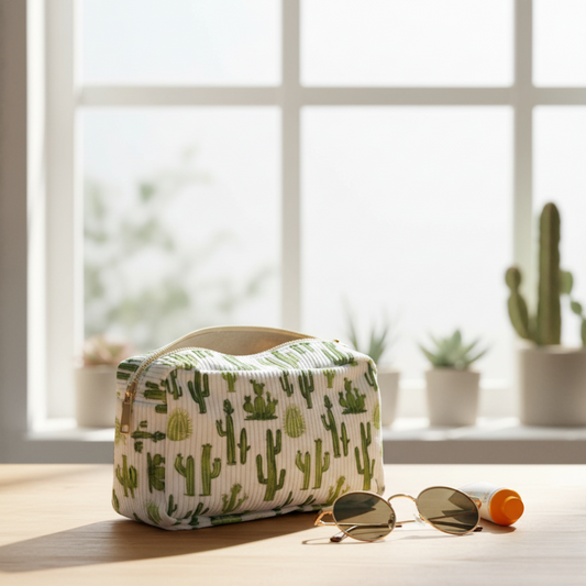 Trousse de toilette en tissu avec un imprimé de cactus verts sur un fond rayé blanc et vert clair. La trousse est ouverte et posée sur une table en bois, avec une paire de lunettes de soleil et de petites plantes en arrière-plan.