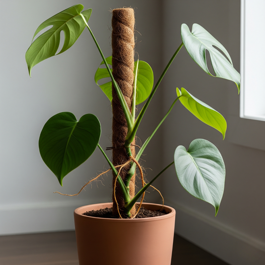 Tuteur en fibre de coco de 120cm  pour plantes grimpantes, supportant une jeune Monstera Deliciosa dans un pot en terre cuite.