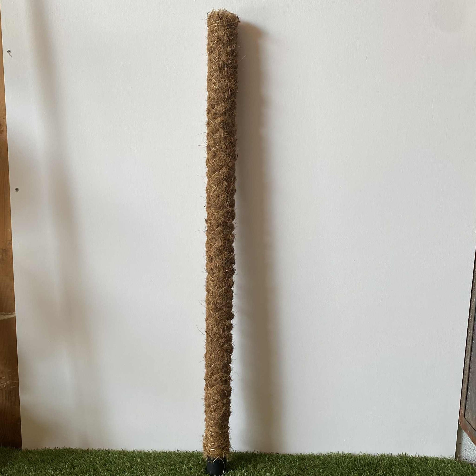Un tuteur en fibre de coco, long et cylindrique, posé verticalement pour soutenir des plantes d'intérieur grimpantes.