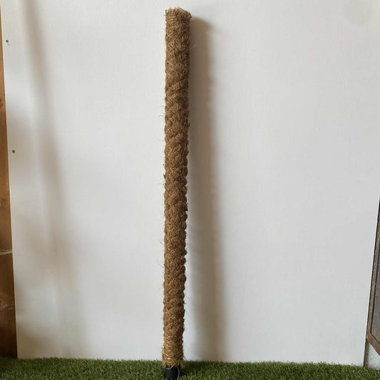Un tuteur en fibre de coco, long et cylindrique, posé verticalement pour soutenir des plantes d'intérieur grimpantes.