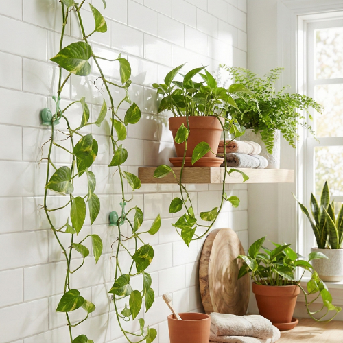 Plusieurs clips muraux adhésifs escargots verts fixant une longue plante grimpante Pothos sur un mur de carrelage blanc dans une salle de bain lumineuse. Solution sans perçage.