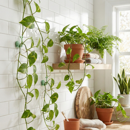 Plusieurs clips muraux adhésifs escargots verts fixant une longue plante grimpante Pothos sur un mur de carrelage blanc dans une salle de bain lumineuse. Solution sans perçage.