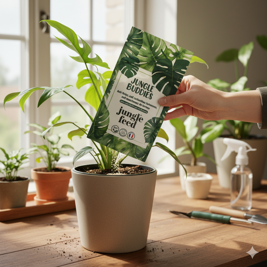 Une main saupoudre le contenu d'un sachet de "Jungle Buddies" sur la terre d'un pot de plante Monstera. La scène se déroule sur une table en bois, entourée d'autres plantes et d'accessoires de jardinage, devant une fenêtre.