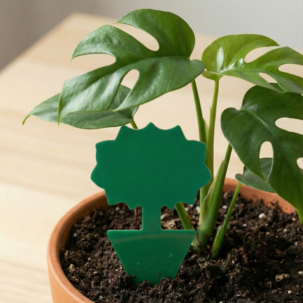 Mise en situation d'un attrape-thrips vert planté dans le terreau d'un pot en terre cuite contenant un jeune Monstera. Le piège est positionné à la base des tiges pour intercepter les insectes nuisibles