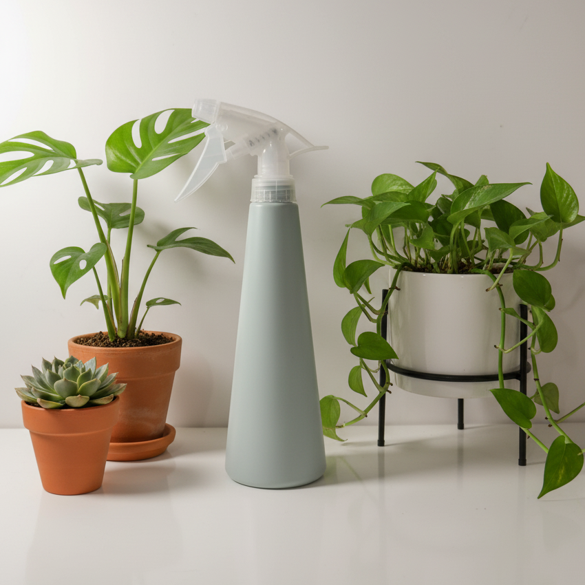 Vaporisateur pour plantes de 380 ml, bleu pâle, posé sur une surface blanche, entouré de différentes plantes d'intérieur vertes en pots (Monstera, Pothos, succulente). L'image suggère l'utilisation du produit dans un environnement végétal stylisé.