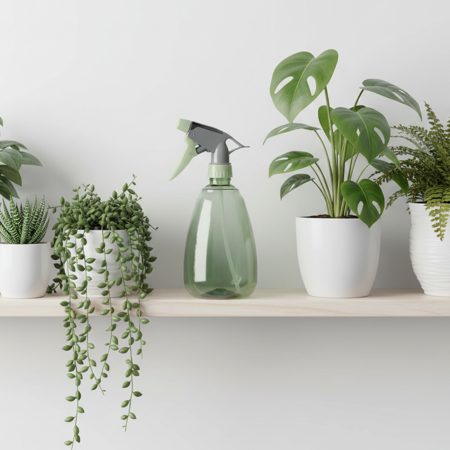 Vaporisateur vert clair transparent de 500ml posé sur une étagère en bois clair, entouré de diverses plantes d'intérieur vertes en pots blancs sur un mur blanc.