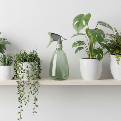 Vaporisateur vert clair transparent de 500ml posé sur une étagère en bois clair, entouré de diverses plantes d'intérieur vertes en pots blancs sur un mur blanc.