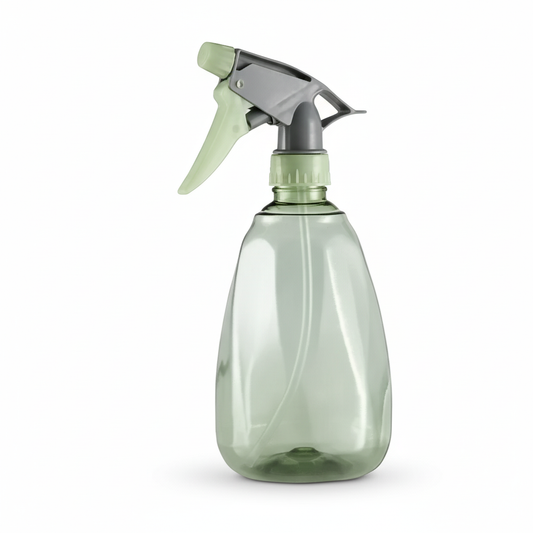 Vaporisateur transparent vide de 500ml pour plantes, avec gâchette ergonomique vert clair et gris, sur fond blanc.