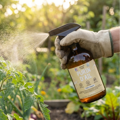 Jardinier en train de vaporiser du Purin d'Ail sur le feuillage d'une plante pour prévenir les maladies et repousser les insectes.
