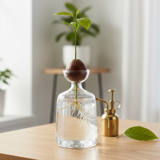 Vase de germination en verre transparent conçu pour faire pousser un noyau d'avocat. La plante avec ses racines est visible dans l'eau. Un vaporisateur en laiton est posé à côté.